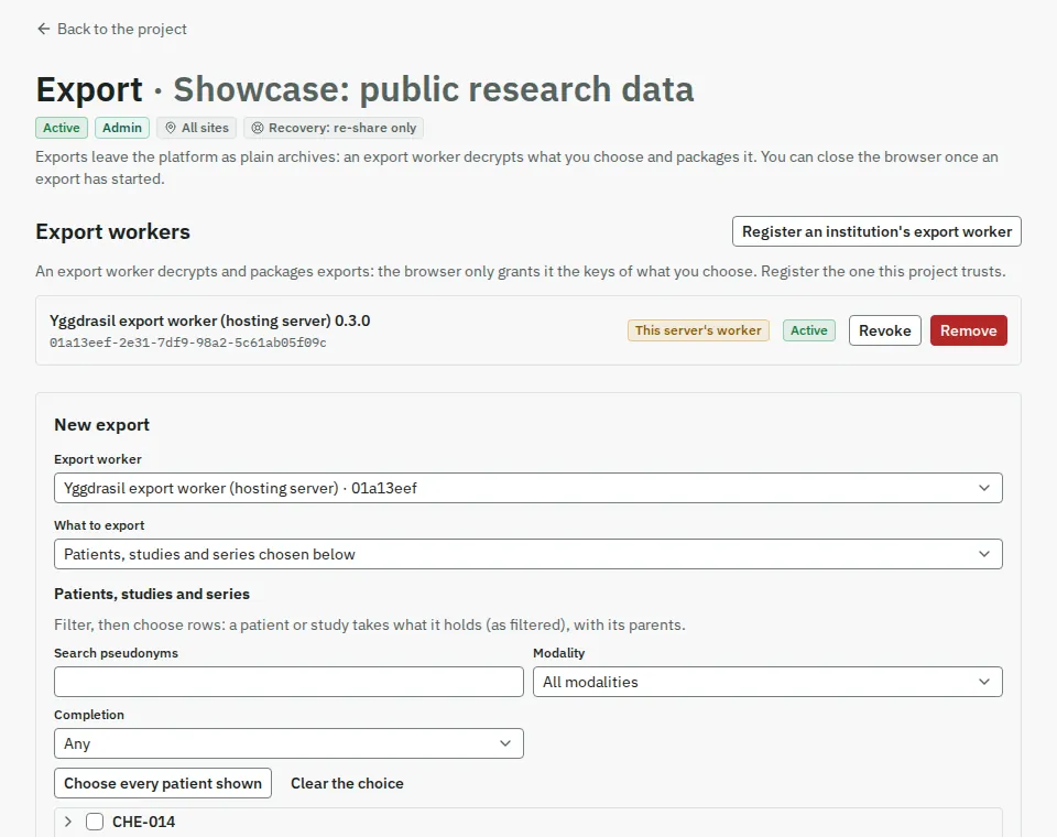 The Export page: this server's export worker registered, and the form to choose patients, tasks and labels for a new export.